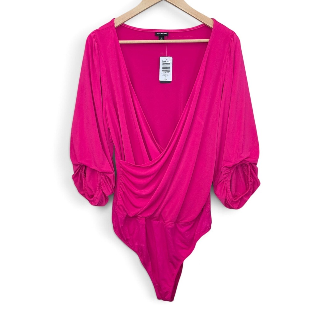 Torrid Top Womens Plus 1 1X Pink Studio Knit Surplice Neck Long Sleeve Bodysuit